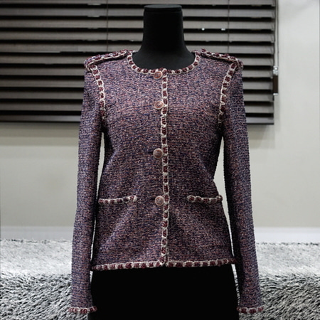 Chanel(샤넬) P53402 네이비 레드 코튼 트위드 CC버튼 여성 자켓