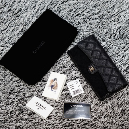 Chanel(샤넬) A80758 골드 CC 블랙 캐비어 클래식 플랩 장지갑