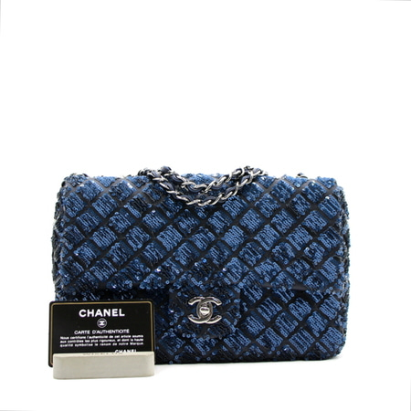 Chanel(샤넬) A68310 시즌한정 CC로고 블루 시퀸 퀼팅 플랩 은장체인 숄더백aa14296
